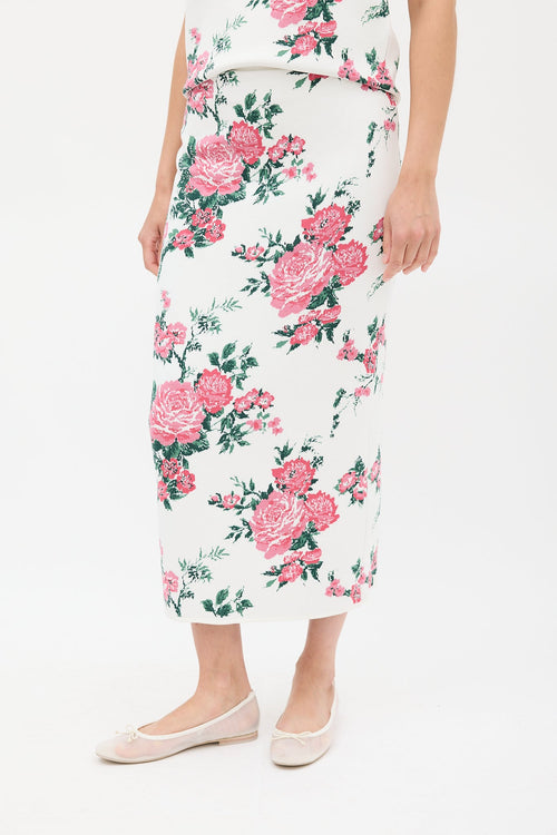 Carolina Herrera White & Pink Silk Floral Skirt Set