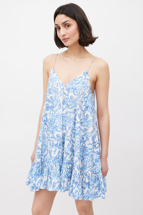 Caroline Constas White & Blue Floral Ruffled Dress