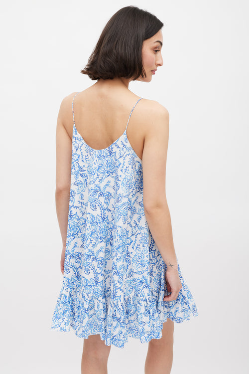 Caroline Constas White & Blue Floral Ruffled Dress