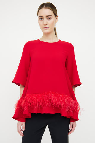 Carolina Herrera Red Feather Trim Short Sleeve Top