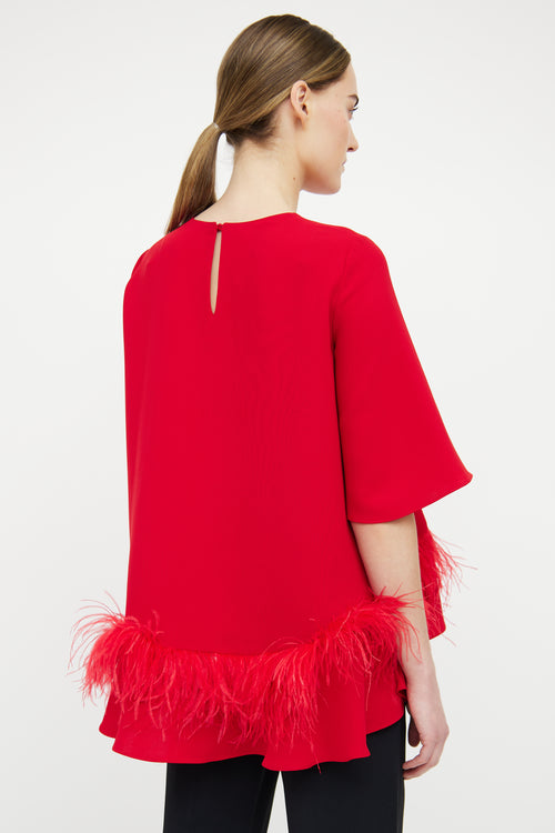 Carolina Herrera Red Feather Trim Short Sleeve Top