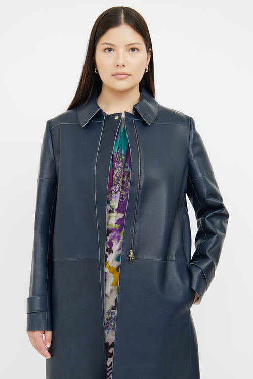 Caroline Issa Navy Long Leather Coat