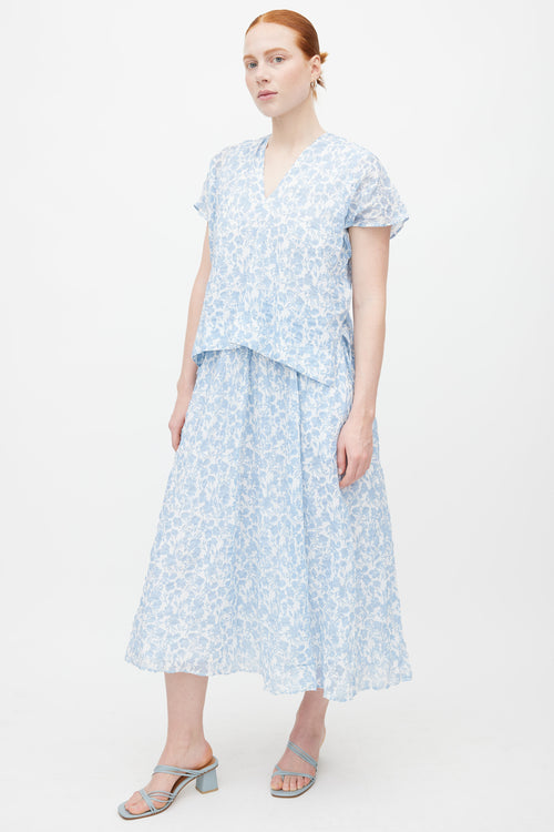 Caron Callahan White & Blue Floral Dress