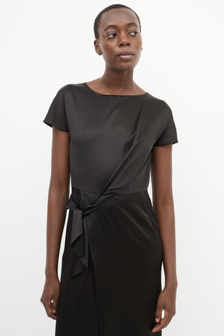 Carven Black Satin Twisted Tie Midi Faux Wrap Dress