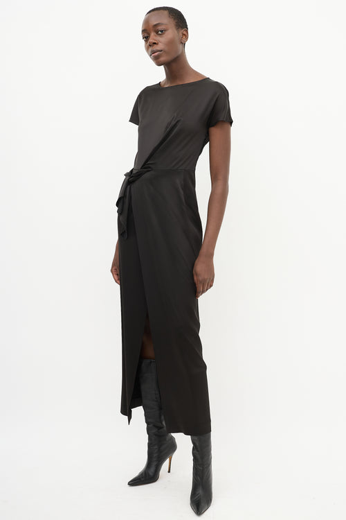 Carven Black Satin Twisted Tie Midi Faux Wrap Dress