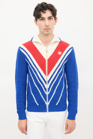 Casablanca Blue & Multicolour Wool Knit Chevron Zip Sweater