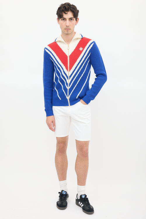 Casablanca Blue & Multicolour Wool Knit Chevron Zip Sweater