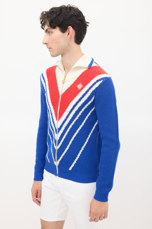 Casablanca Blue & Multicolour Wool Knit Chevron Zip Sweater