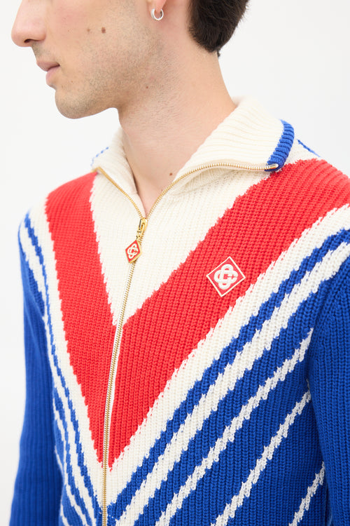 Casablanca Blue & Multicolour Wool Knit Chevron Zip Sweater