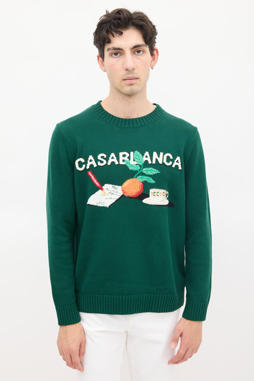 Casablanca Green & Multicolour Cotton Knit Graphic Intarsia Sweater