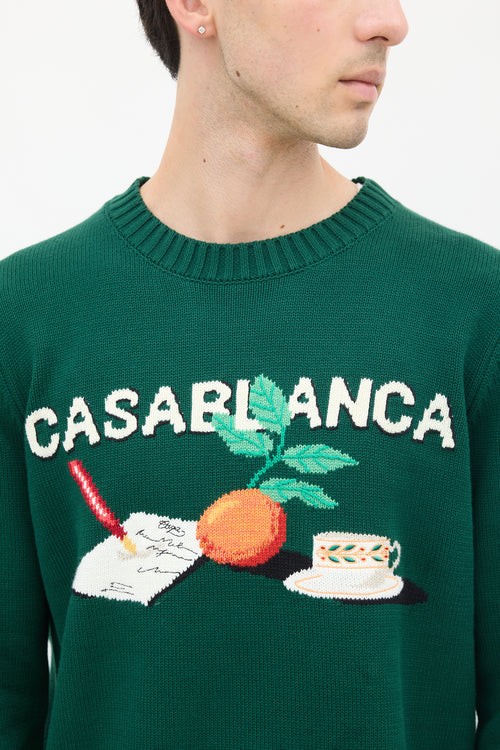 Casablanca Green & Multicolour Cotton Knit Graphic Intarsia Sweater