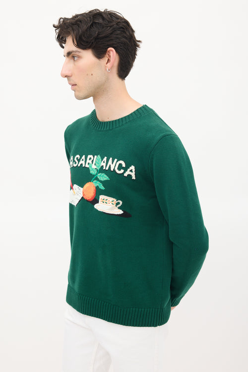 Casablanca Green & Multicolour Cotton Knit Graphic Intarsia Sweater