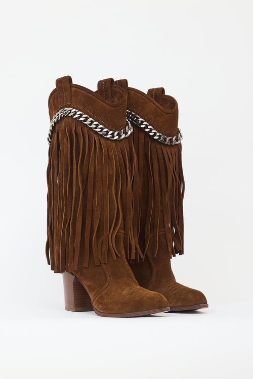 Casadei Brown Suede Fringe Chain Boot