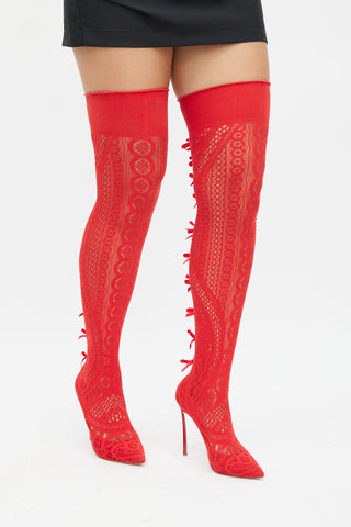 Casadei Red Stretch Knit Thigh High Boots