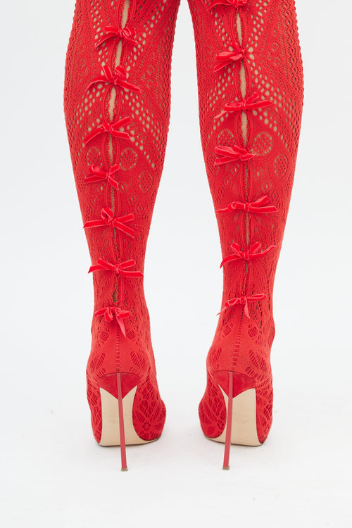 Casadei Red Stretch Knit Thigh High Boots