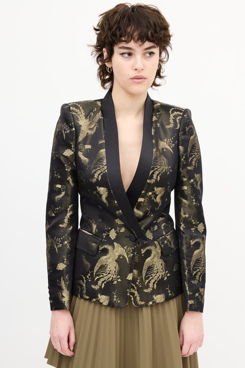 Roberto Cavalli Black & Gold Silk Printed Jacquard Blazer