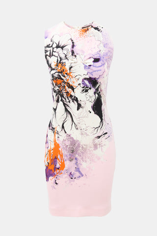 Roberto Cavalli Paint Splatter & Floral Bodycon Dress