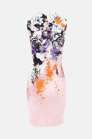 Roberto Cavalli Paint Splatter & Floral Bodycon Dress