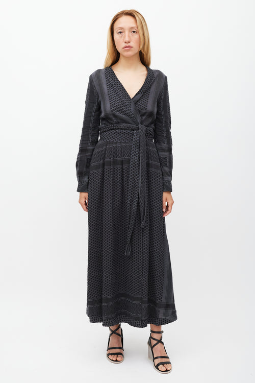 Cecilie Dark Grey & Black Woven Patterned Wrap Dress