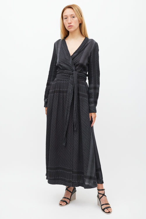 Cecilie Dark Grey & Black Woven Patterned Wrap Dress