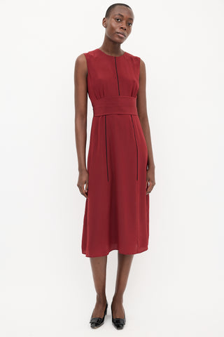 Cefinn Burgundy Silk Belted Sleeveless Midi Dress