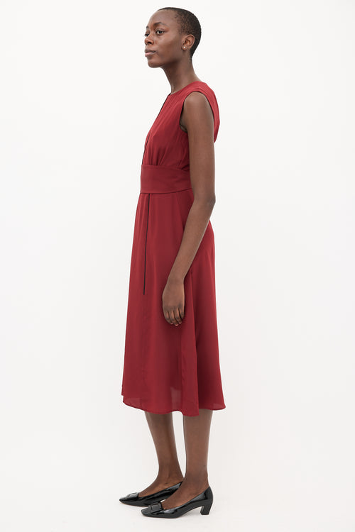 Cefinn Burgundy Silk Belted Sleeveless Midi Dress