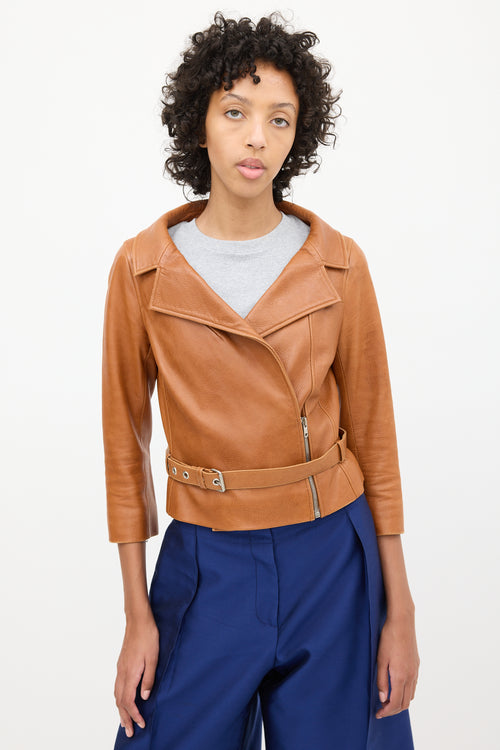 Celine 2000s Brown Leather Biker Belted Jacket