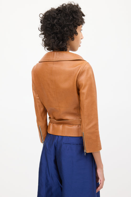 Celine 2000s Brown Leather Biker Belted Jacket