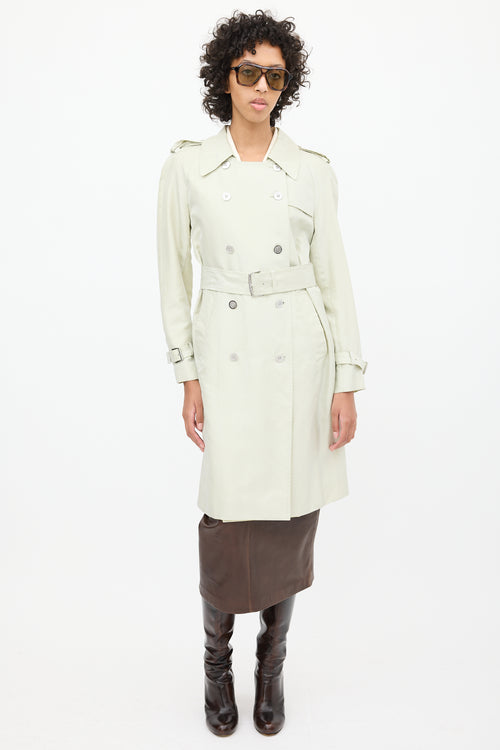 Celine 2000s Mint Green Silk Double Breasted Trench Coat