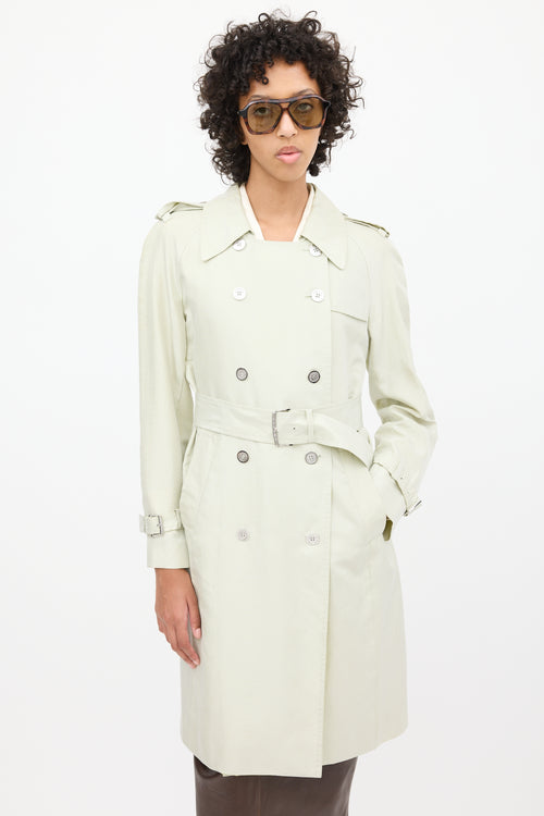 Celine 2000s Mint Green Silk Double Breasted Trench Coat