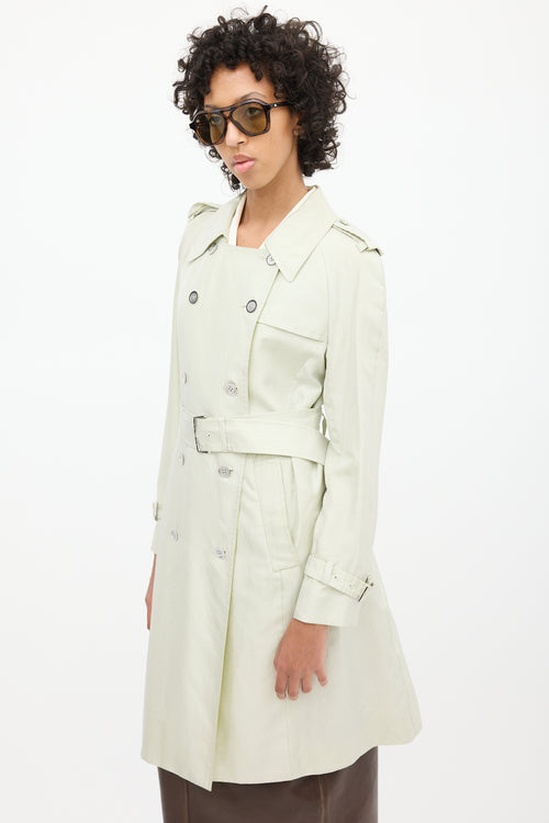 Celine 2000s Mint Green Silk Double Breasted Trench Coat