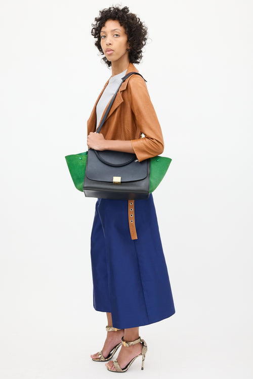 Celine 2014 Navy & Green Leather & Suede Trapeze Bag