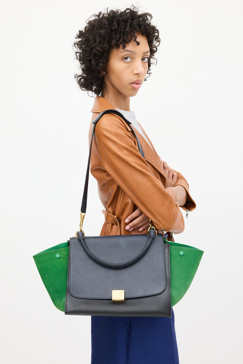 Celine 2014 Navy & Green Leather & Suede Trapeze Bag