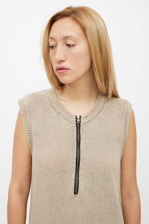 Celine Beige Linen Knit Zip Vest