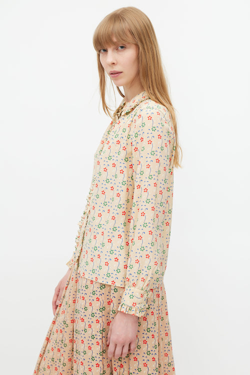 Celine Beige & Multicolour Silk Ruffled Shirt