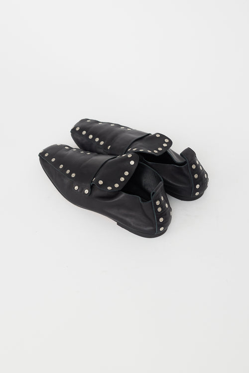 Celine Black Leather Silver Studded Flat Loafer