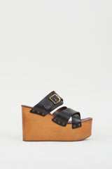 Celine Black Leather & Brown Wooden Platform Wedge