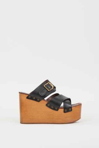 Celine Black Leather & Brown Wooden Platform Wedge