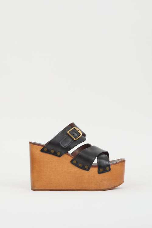 Celine Black Leather & Brown Wooden Platform Wedge