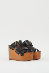 Celine Black Leather & Brown Wooden Platform Wedge