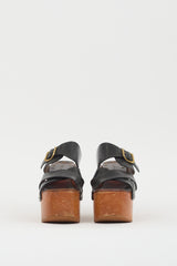 Celine Black Leather & Brown Wooden Platform Wedge