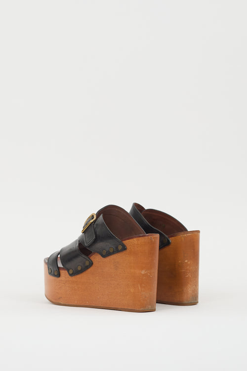 Celine Black Leather & Brown Wooden Platform Wedge
