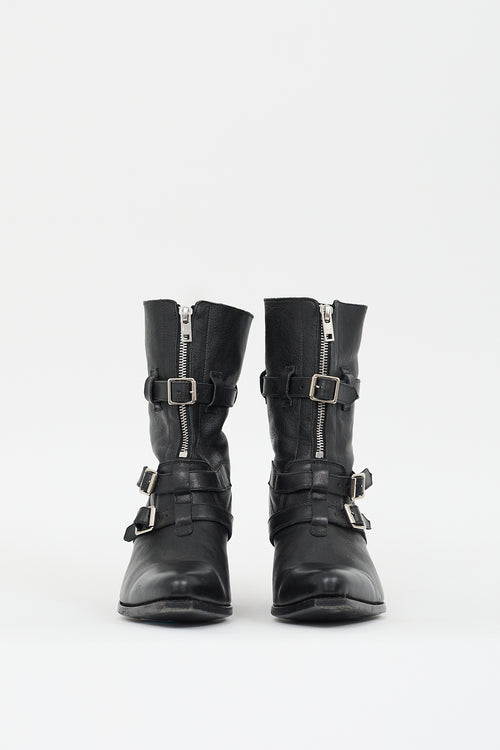 Celine Black Leather Buckled Zip Boot