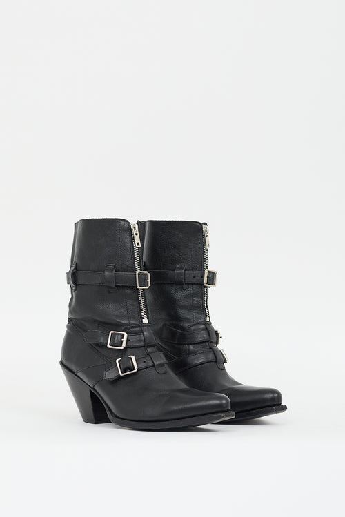 Celine Black Leather Buckled Zip Boot