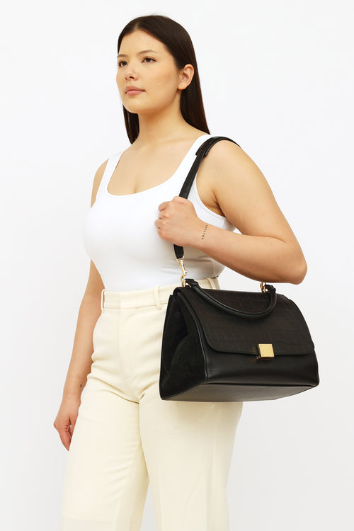 Celine Black Leather Emblem Medium Trapeze Bag