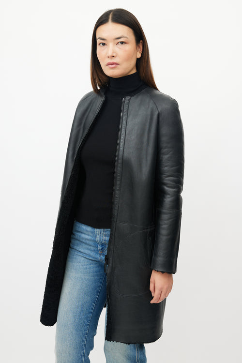 Celine Black Leather Shearling Reversible Coat