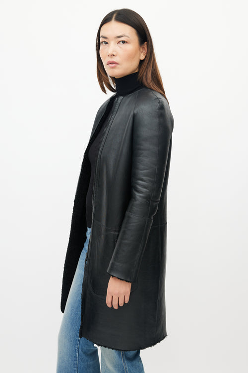 Celine Black Leather Shearling Reversible Coat