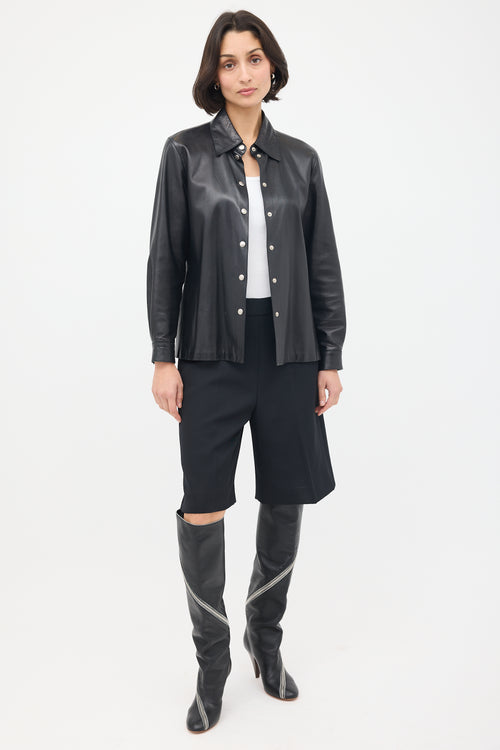 Celine Black Leather Snap Button Up Shirt