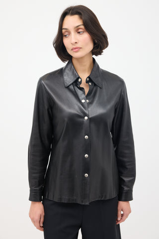 Celine Black Leather Snap Button Up Shirt