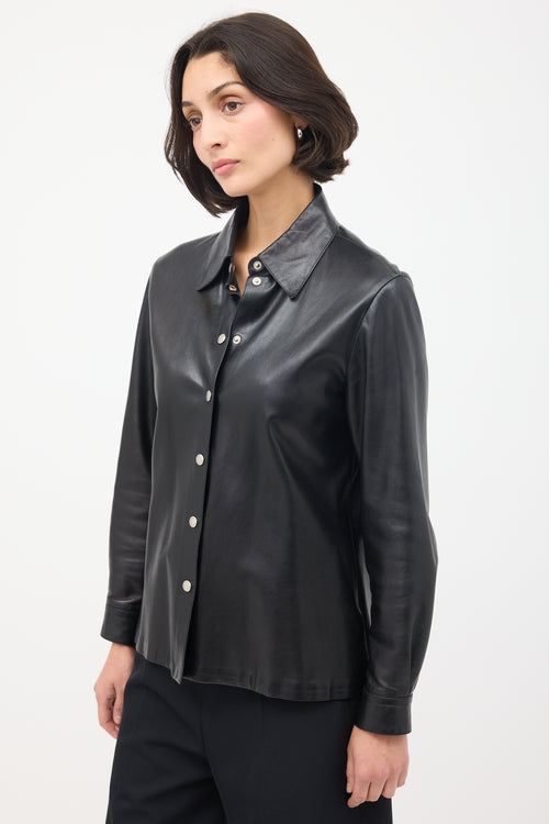 Celine Black Leather Snap Button Up Shirt